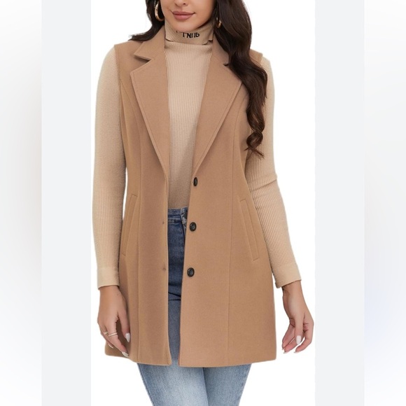 NWT Women’s Long Trench Tan Wool Vest Structured Tailored Small - Picture 1 of 9